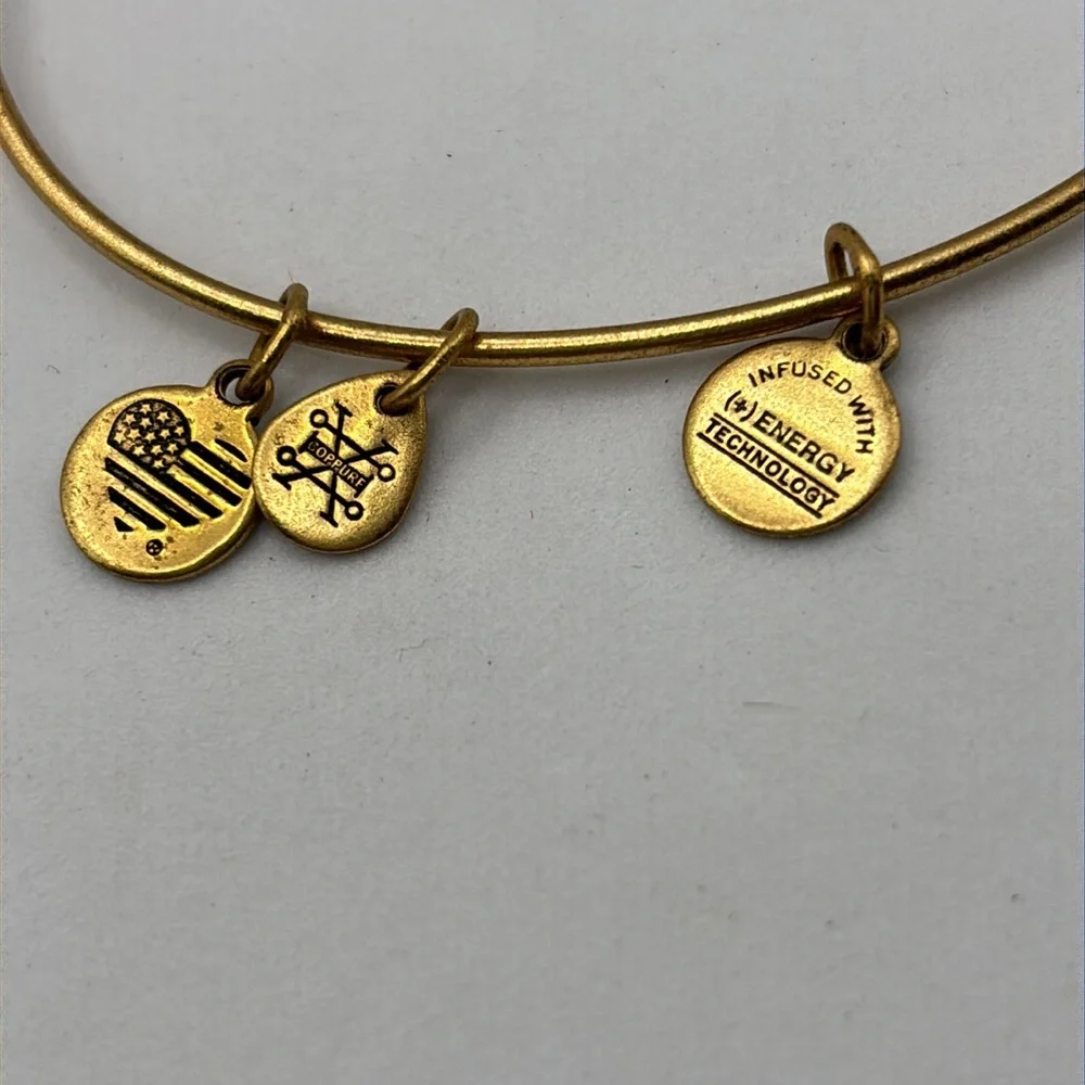 Alex and Ani gold charm bangle bracelet stretch Friend and Be Brave charms